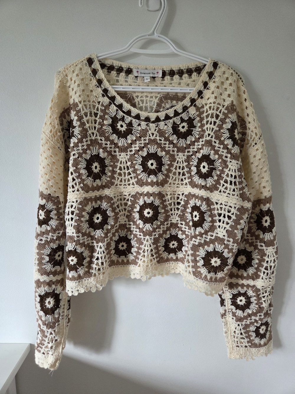​American Flirt Boho Crochet Flower Granny Square Brown Cream Sweater Large L